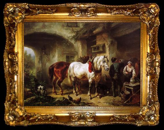 framed  Wouterus Verschuur Paarden en personen op een binnenplaats, ta009-2